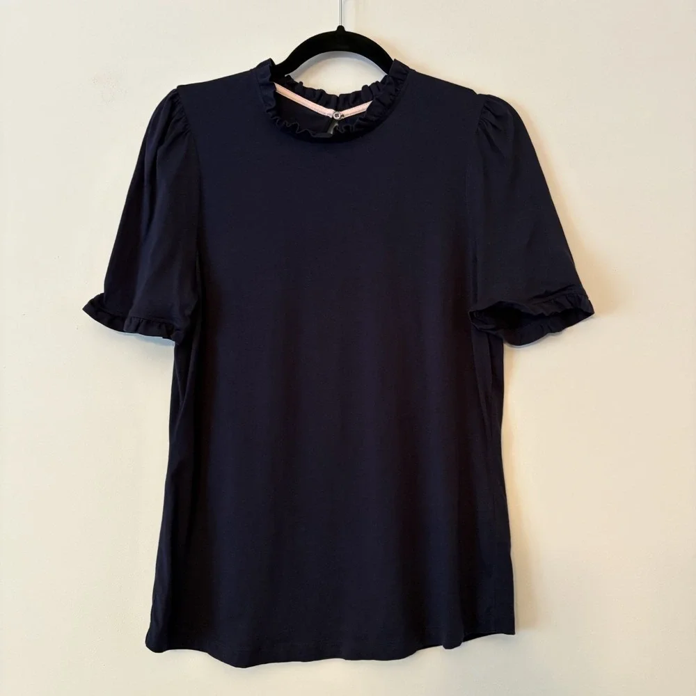 Boden Ruffle Neck Puff Sleeve Top Navy US 10 Stretch Modal Minimalist Boho